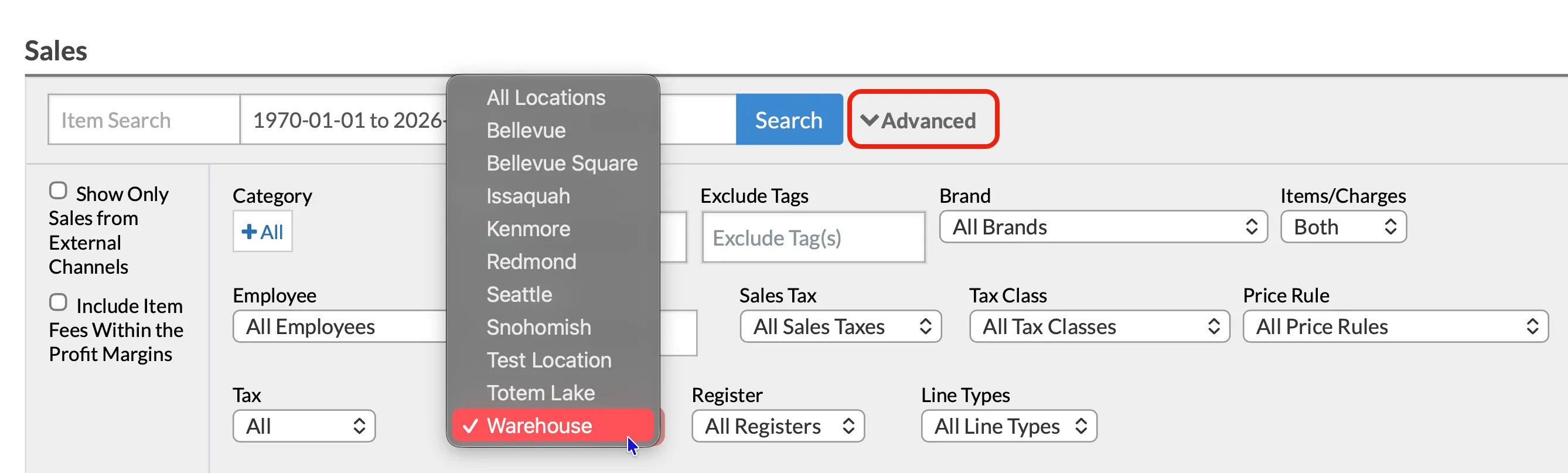 The advanced dropdown, to aid searching.