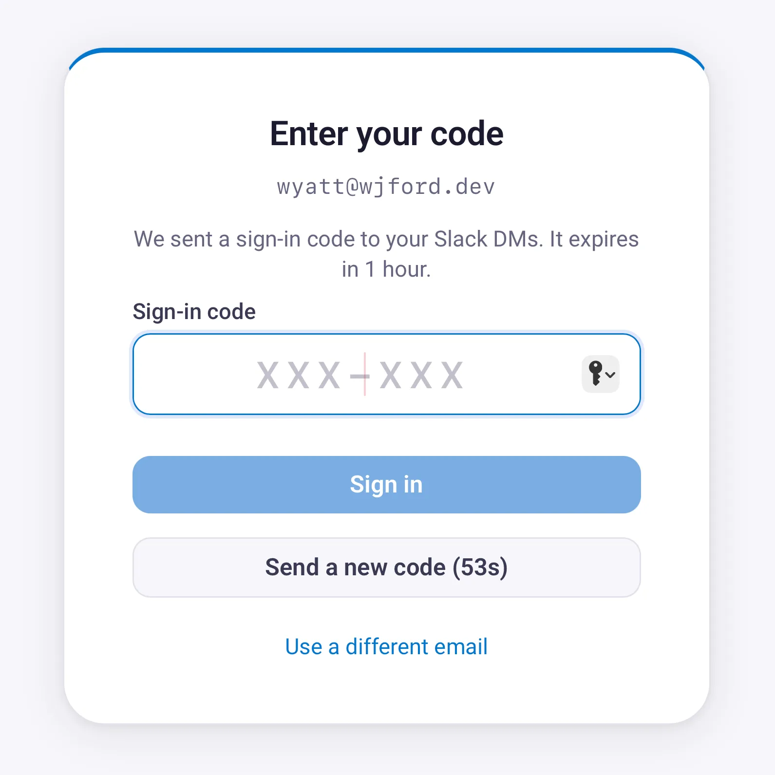 The screen to enter a login code