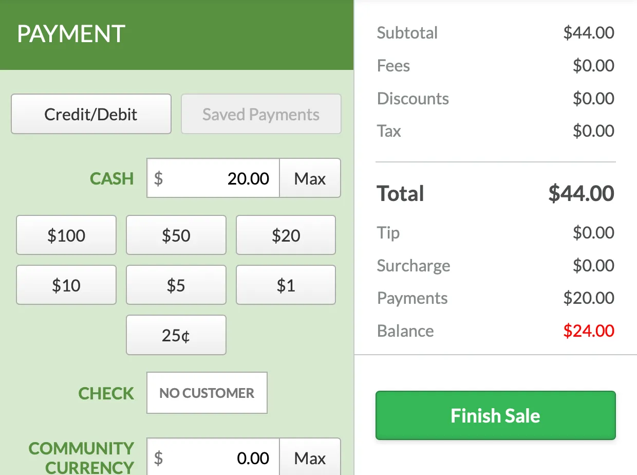 Payment screen split between cash and card