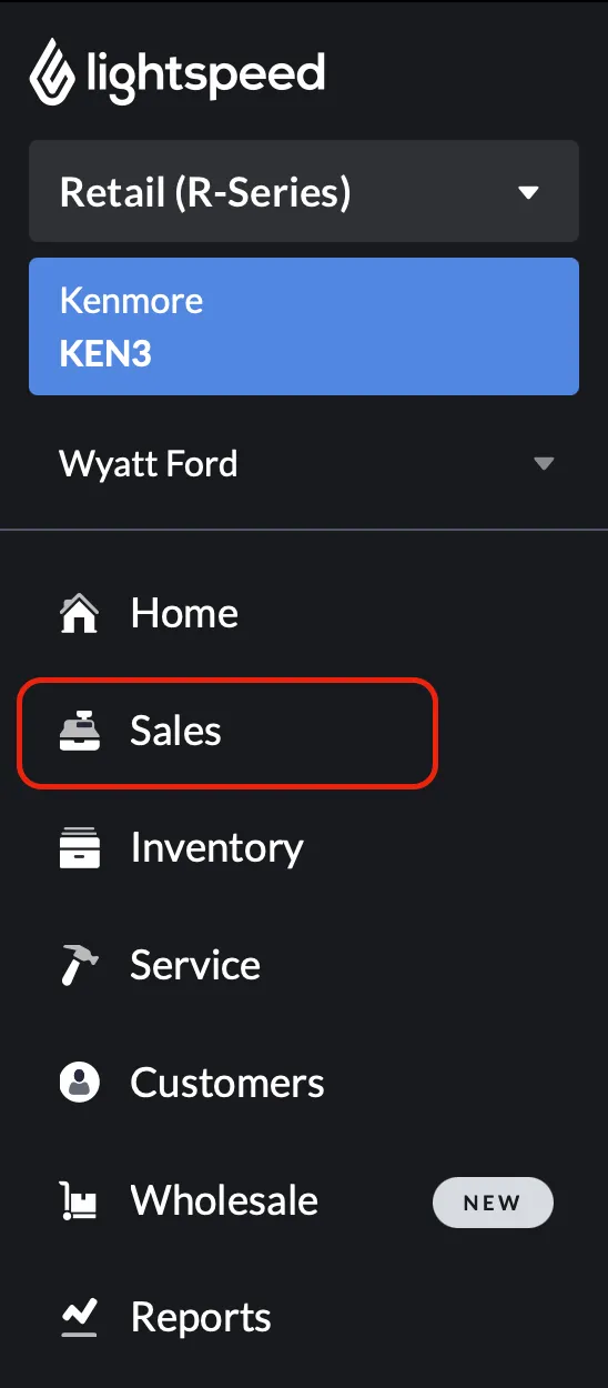 Lightspeed sidebar with Sales highlighted