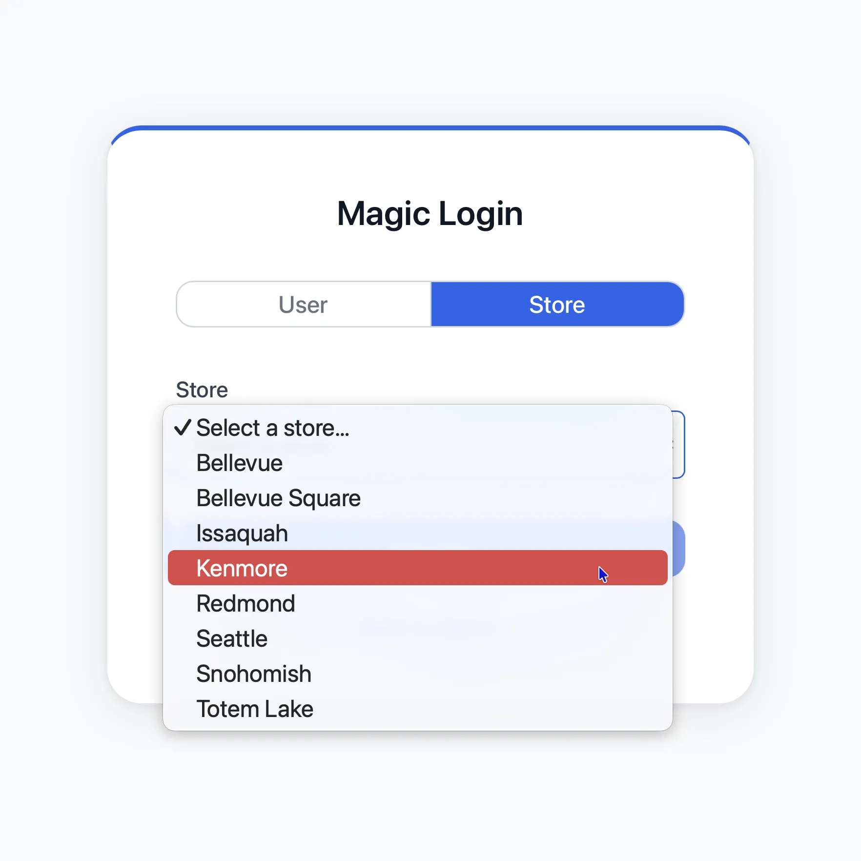 The store dropdown on the Magic Login screen