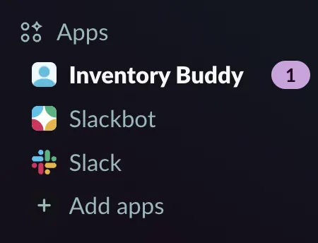 A direct message from Inventory Buddy in Slack containing the login code